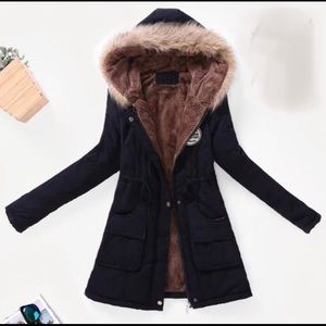 Hooded Faux Fur Drawstring Black Parka Jacket